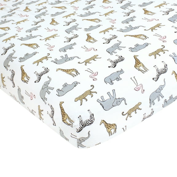 Hudson Baby Infant Girl Cotton Fitted Crib Sheet, Modern Pink Safari, One Size