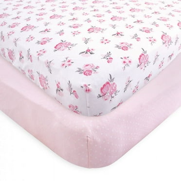 Hudson Baby Infant Girl Cotton Fitted Crib Sheet, Pink Floral, One Size