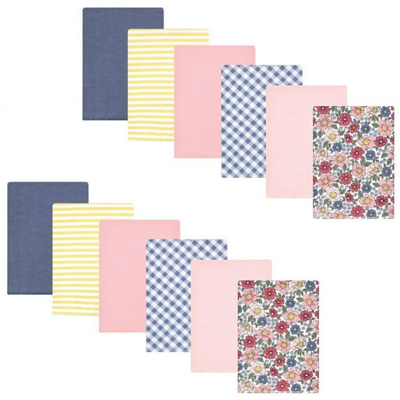 Hudson Baby Infant Girl Cotton Flannel Burp Cloths Bundle, Pink Blue Pretty Floral, One Size