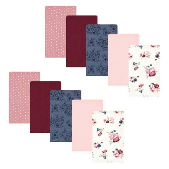 Hudson Baby Infant Girl Cotton Flannel Burp Cloths, Dusty Rose Floral 10-Pack, One Size