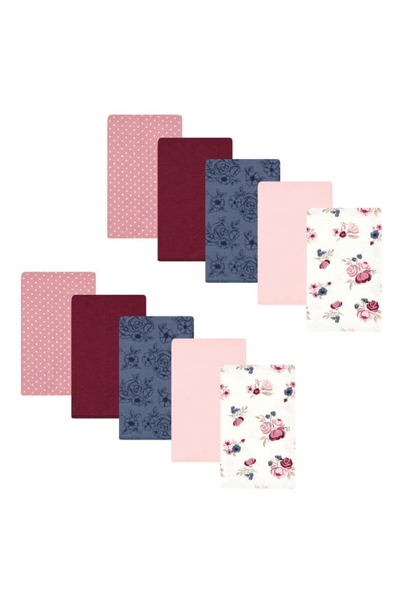 Infant Girl Cotton Flannel Burp Cloths, Dusty Rose Floral 10-Pack, One Size