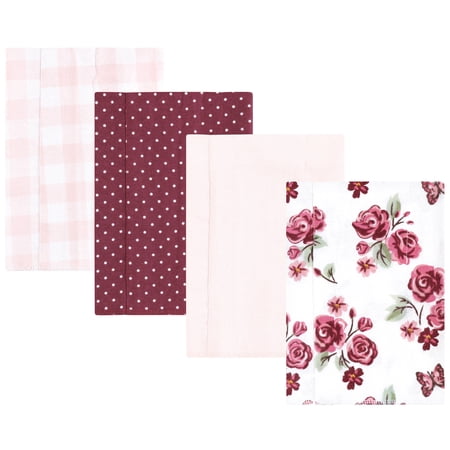 Hudson Baby Unisex Baby Cotton Poly Flannel Burp Cloths, Sweet Roses 4 Pack, One Size