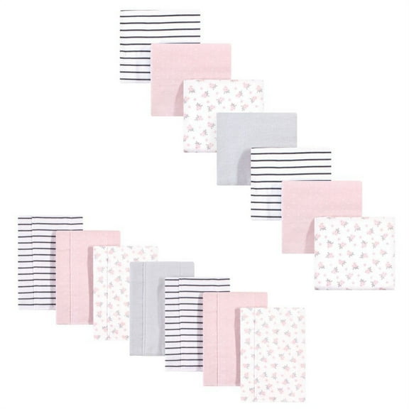 Hudson Baby Infant Girl Cotton Flannel Burp Cloths and Receiving Blankets, 14-Piece, Gray Pink Floral, One Size