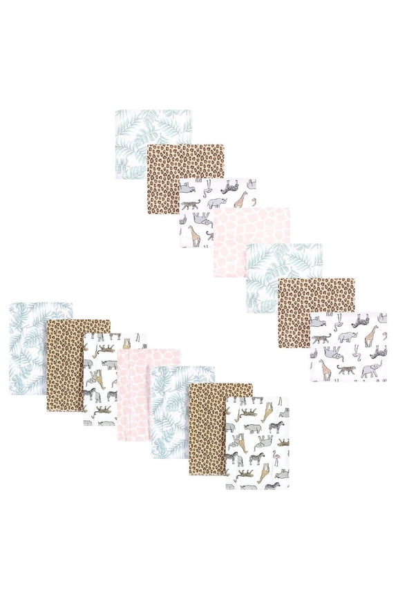 Infant Girl Cotton Flannel Burp Cloths and Receiving Blankets, 14-Piece, Modern Pink Safari, One Size