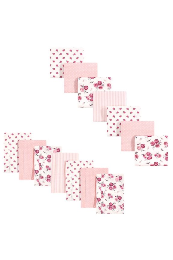 Infant Girl Cotton Flannel Burp Cloths and Receiving Blankets, 14-Piece, Rose, One Size
