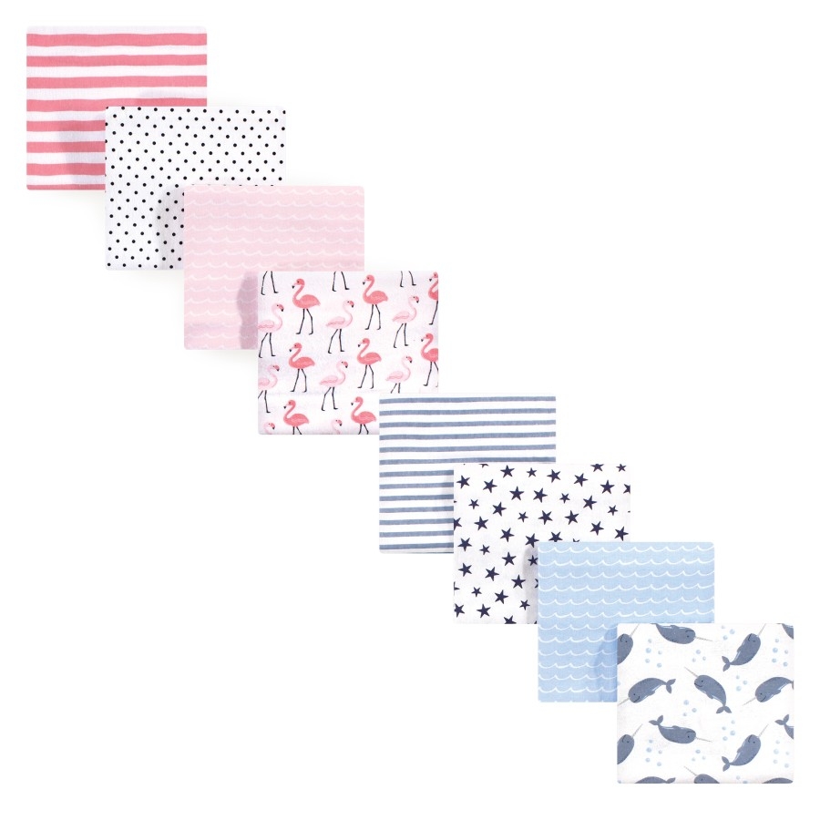 Hudson Baby Infant Girl Cotton Flannel Receiving Blankets Bundle Set, Flamingos Narwhal, One Size