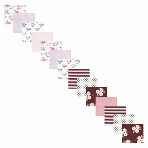 Hudson Baby Infant Girl Cotton Flannel Receiving Blankets Bundle Set, Tea Party Burgundy Floral, One Size