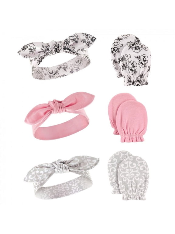 Infant Girl Cotton Headband & Scratch Mitten Set, Toile, 6-Piece