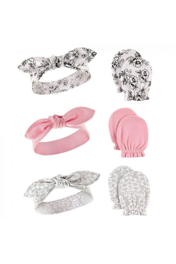 Infant Girl Cotton Headband & Scratch Mitten Set, Toile, 6-Piece