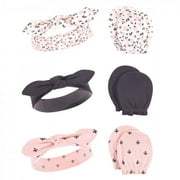Hudson Baby Infant Girl Cotton Headband and Scratch Mitten 6pc Set, Berry Floral, 0-6 Months