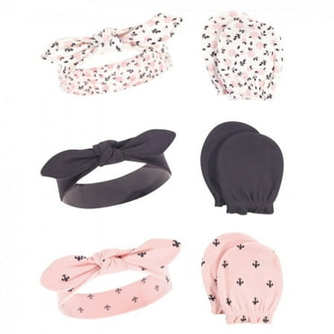 Hudson Baby Infant Girl Cotton Headband and Scratch Mitten 6pc Set, Berry Floral, 0-6 Months