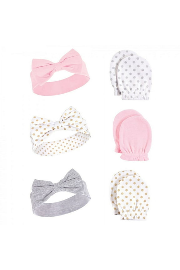 Infant Girl Cotton Headband and Scratch Mitten 6pc Set, Dots, 0-6 Months