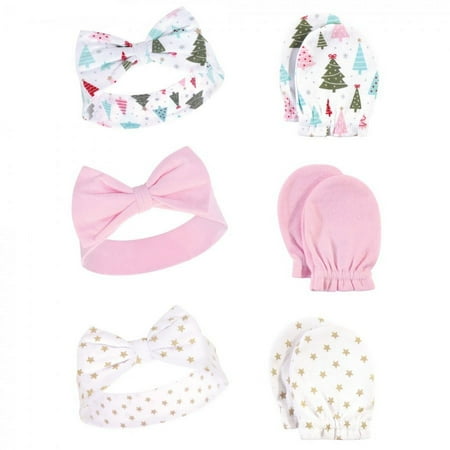 Hudson Baby Infant Girl Cotton Headband and Scratch Mitten 6pc Set, Sparkle Trees, 0-6 Months