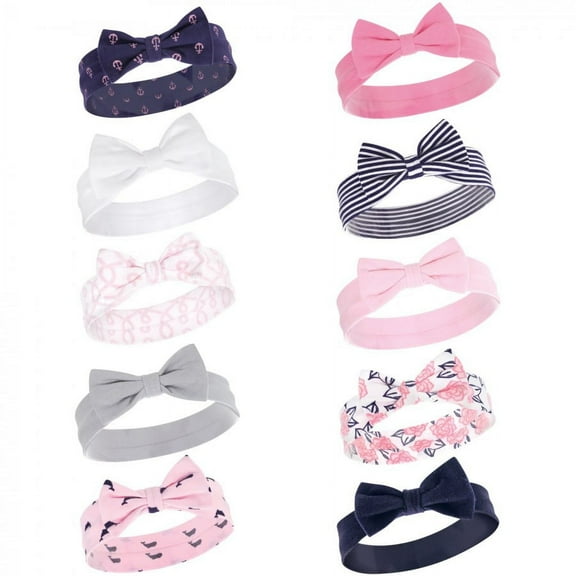 Hudson Baby Infant Girl Cotton Headbands 10pk, Whale, 0-24 Months