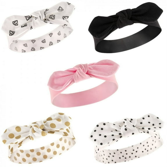 Hudson Baby Infant Girl Cotton Headbands 5pk, Gold Dot, 0-24 Months