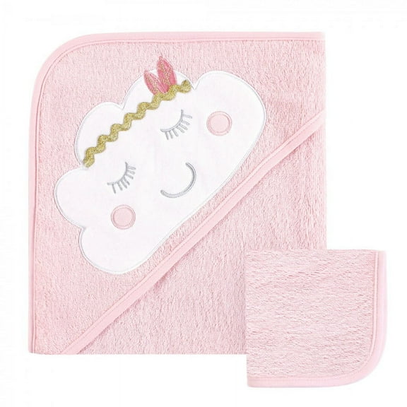 Hudson Baby Infant Girl Cotton Hooded Towel and Washcloth 2pc Set, Boho Cloud, One Size