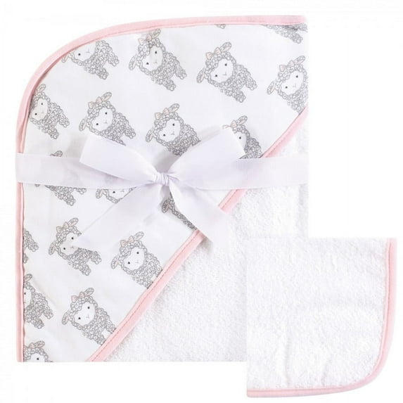Hudson Baby Infant Girl Cotton Hooded Towel and Washcloth 2pc Set, Little Lamb, One Size