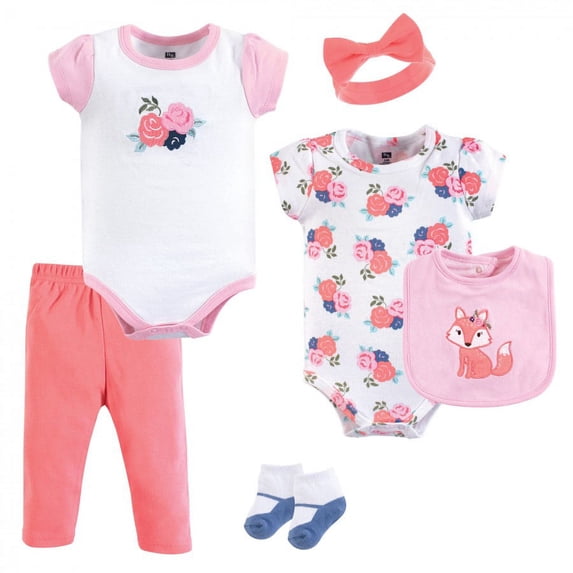 Hudson Baby Infant Girl Cotton Layette Set, Floral Fox, 9-12 Months