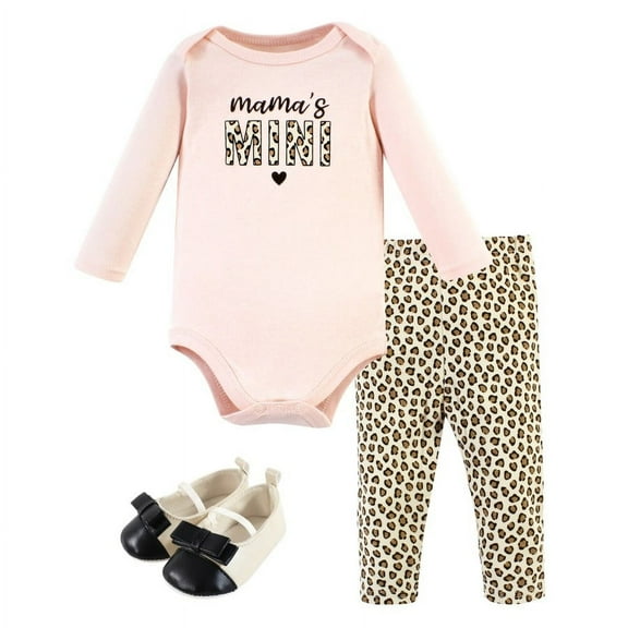 Hudson Baby Infant Girl Cotton Long-Sleeve Bodysuit, Pant and Shoe Set, Leopard Hearts, 9-12 Months