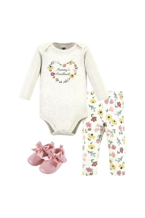 Infant Girl Cotton Long-Sleeve Bodysuit, Pant and Shoe Set, Soft Painted Floral, 6-9 Months