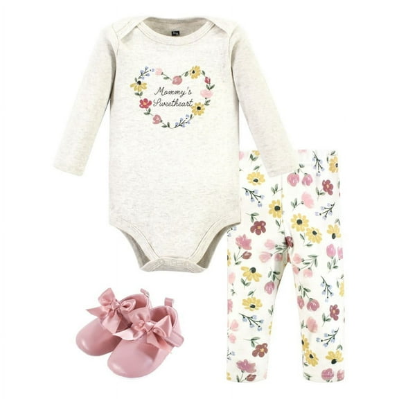 Hudson Baby Infant Girl Cotton Long-Sleeve Bodysuit, Pant and Shoe Set, Soft Painted Floral, Newborn