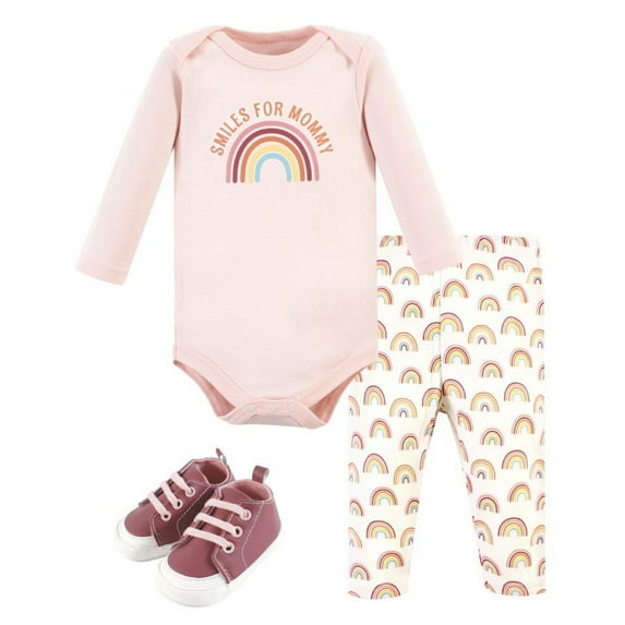 Hudson Baby Infant Girl Cotton Long-Sleeve Bodysuit, Pant and Shoe Set, Sunshine Rainbows, Newborn