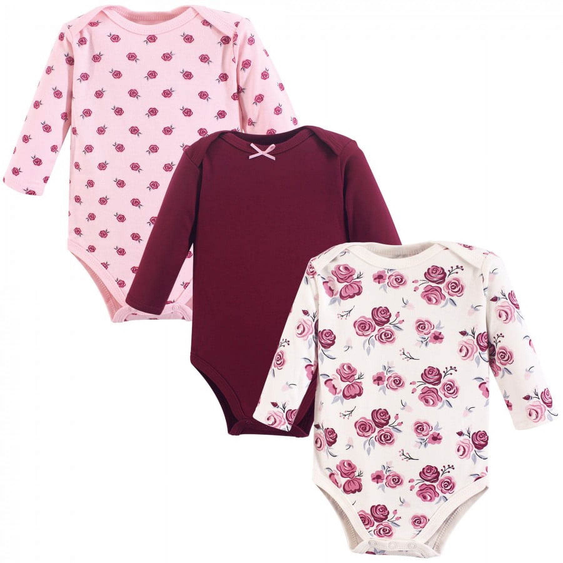 Hudson Baby Infant Girl Cotton Long-Sleeve Bodysuits 3pk, Rose, 9-12 Months
