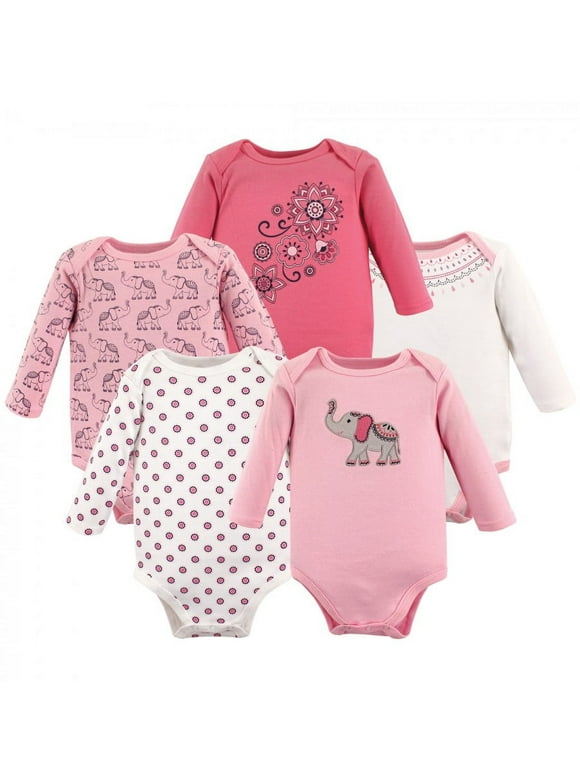 Hudson Baby Infant Girl Cotton Long-Sleeve Bodysuits 5pk, Boho Elephant, 18-24 Months