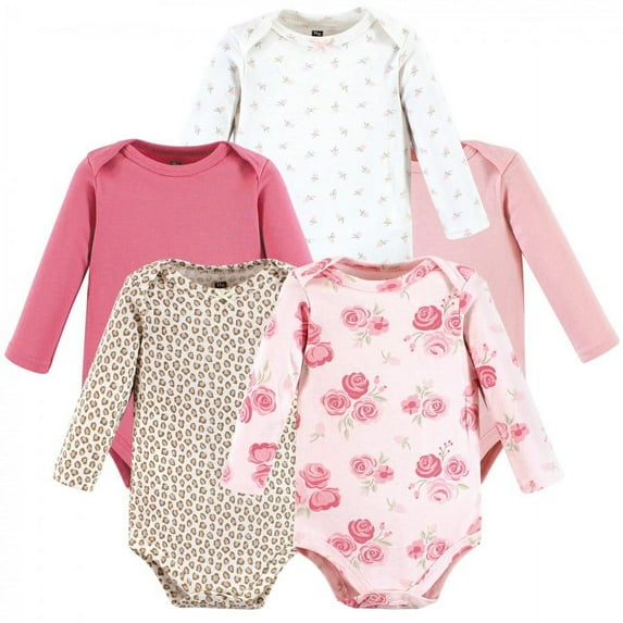 Hudson Baby Infant Girl Cotton Long-Sleeve Bodysuits, Blush Rose Leopard 5-Pack, 18-24 Months