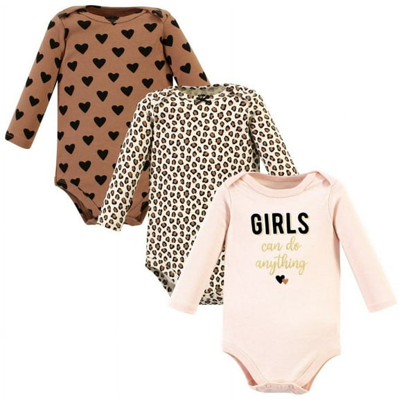 Hudson Baby Infant Girl Cotton Long-Sleeve Bodysuits, Cinnamon Hearts 3 Pack, Newborn