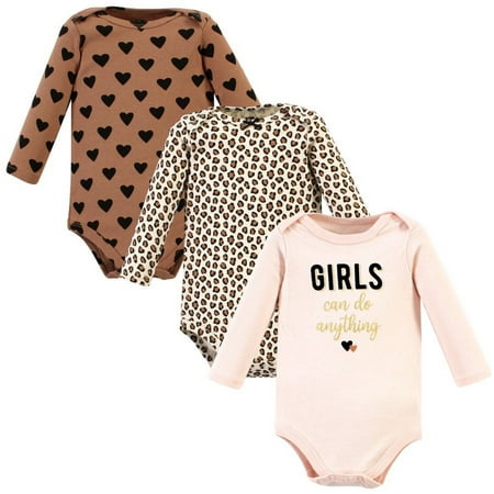 Hudson Baby Infant Girl Cotton Long-Sleeve Bodysuits, Cinnamon Hearts 3 Pack, Preemie