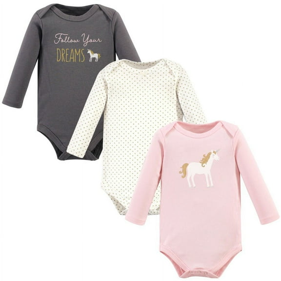 Hudson Baby Infant Girl Cotton Long-Sleeve Bodysuits, Gold Unicorn, 0-3 Months