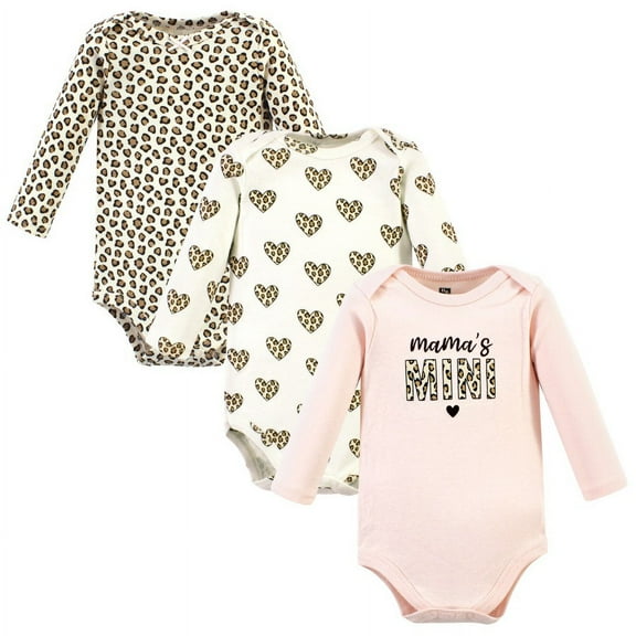 Hudson Baby Infant Girl Cotton Long-Sleeve Bodysuits, Leopard Hearts 3 Pack, Preemie
