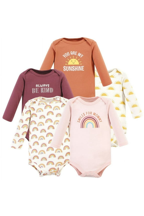 Infant Girl Cotton Long-Sleeve Bodysuits, Sunshine Rainbows 5-Pack, Newborn
