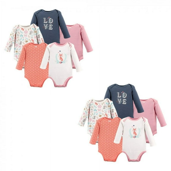 Hudson Baby Infant Girl Cotton Long-Sleeve Bodysuits, Woodland Fox 10-Piece, 0-3 Months