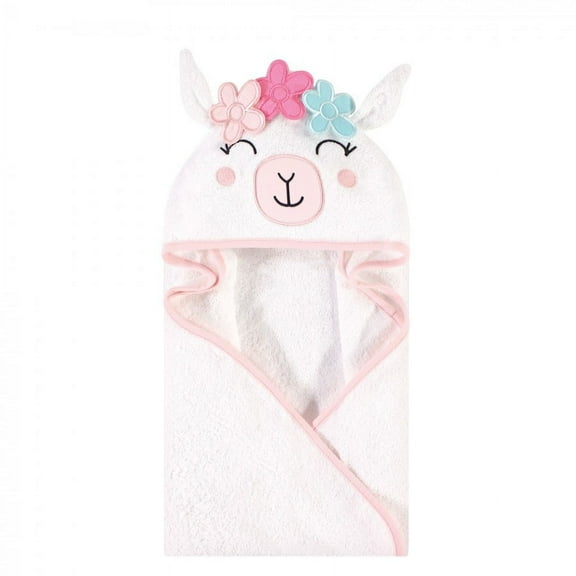 Hudson Baby Infant Girl Cotton Polyester Animal Face Hooded Towel, Flower Llama, One Size