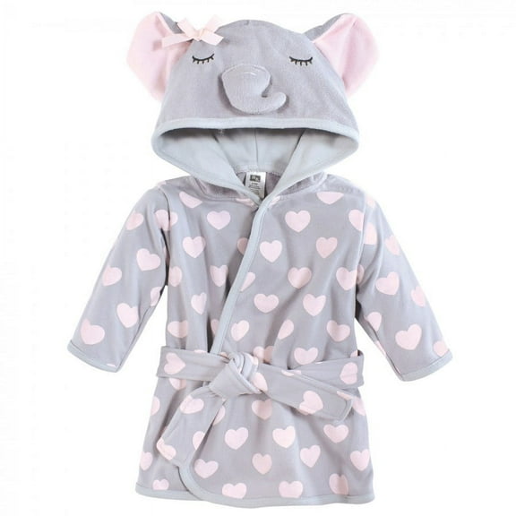 Hudson Baby Infant Girl Cotton Rich Bathrobe, Gray Pink Elephant, 0-9 Months