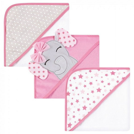 Hudson Baby Infant Girl Cotton Rich Hooded Towels, Pink Dots Pretty Elephant, One Size