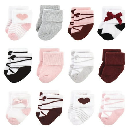Hudson Baby Infant Girl Cotton Rich Newborn and Terry Socks, Ballet 12-Pack, 6-12 Months