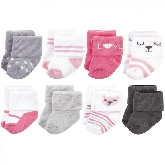 Hudson Baby Infant Girl Cotton Rich Newborn and Terry Socks, Bear Girl 8Pk, 6-12 Months