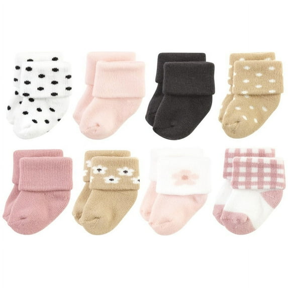 Hudson Baby Infant Girl Cotton Rich Newborn and Terry Socks, Blush Flower, 0-6 Months
