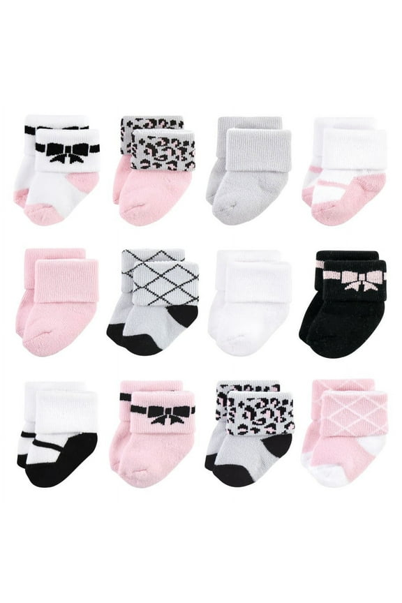 Infant Girl Cotton Rich Newborn and Terry Socks, Bows 12-Pack, 6-12 Months