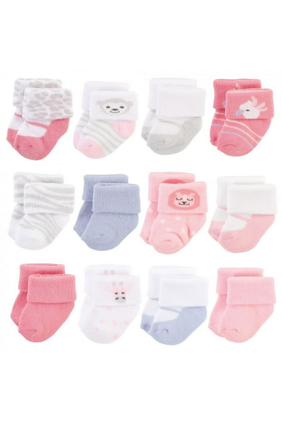 Infant Girl Cotton Rich Newborn and Terry Socks, Girl Safari, 0-3 Months