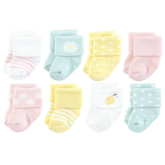 Hudson Baby Infant Girl Cotton Rich Newborn and Terry Socks, Lemon Daisy, 0-6 Months