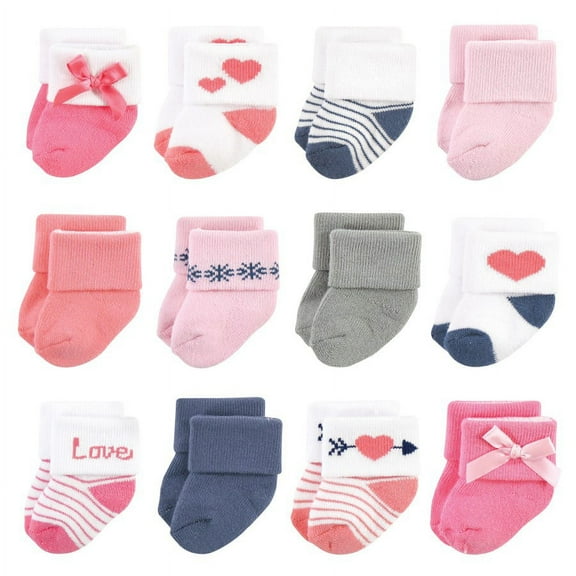 Hudson Baby Infant Girl Cotton Rich Newborn and Terry Socks, Love 12-Pack, 6-12 Months