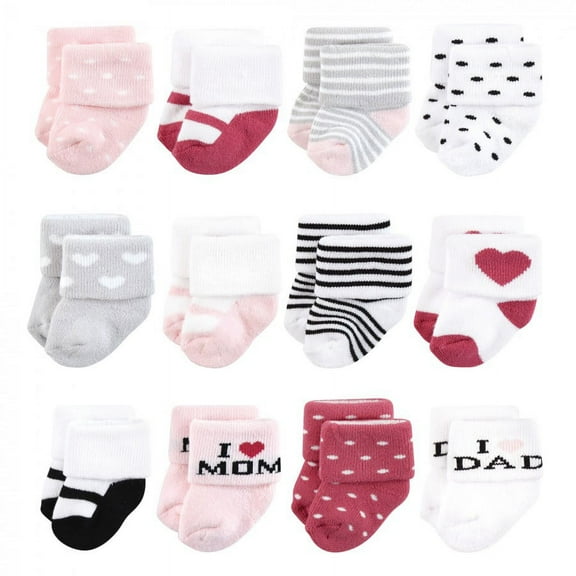 Hudson Baby Infant Girl Cotton Rich Newborn and Terry Socks, Mom and Dad Girl Pink Black, 6-12 Months