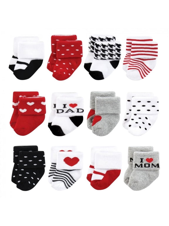 Infant Girl Cotton Rich Newborn and Terry Socks, Mom and Dad Girl Red Black, 0-6 Months