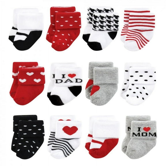 Hudson Baby Infant Girl Cotton Rich Newborn and Terry Socks, Mom and Dad Girl Red Black, 6-12 Months