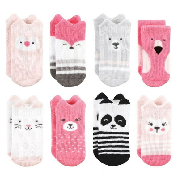 Hudson Baby Infant Girl Cotton Rich Newborn and Terry Socks, Pink Animals, 0-6 Months