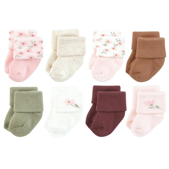 Hudson Baby Infant Girl Cotton Rich Newborn and Terry Socks, Pink Dainty Floral, 6-12 Months